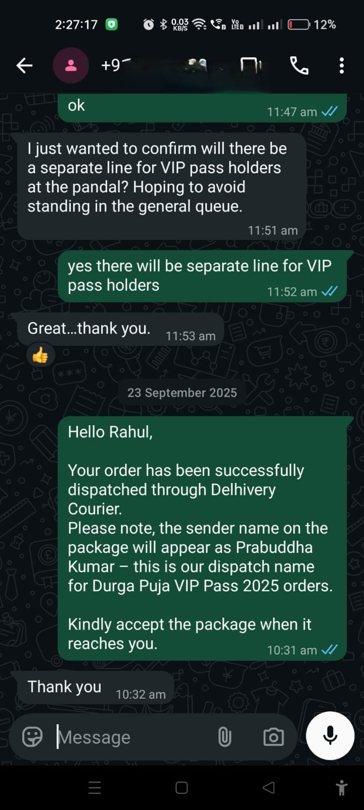 Customer WhatsApp conversation