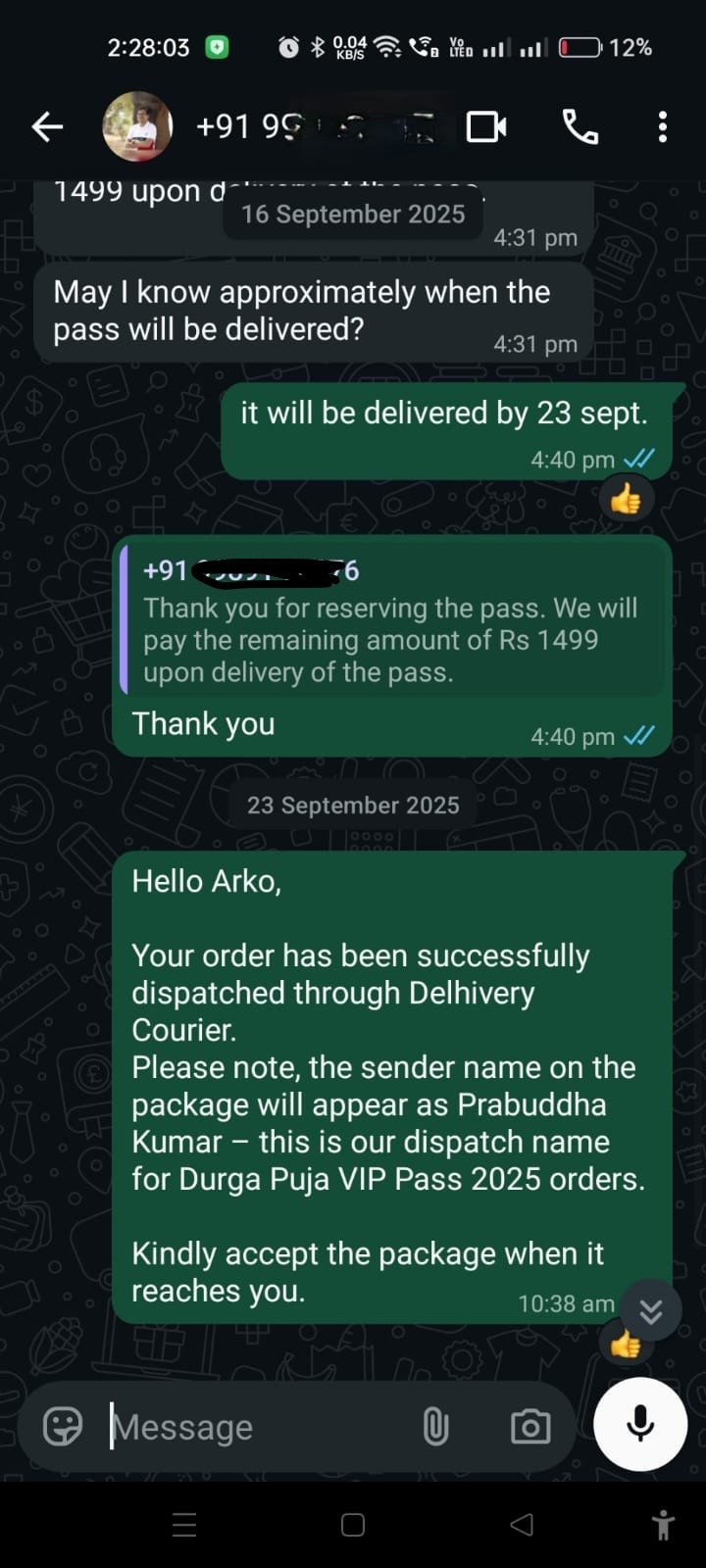 Customer WhatsApp conversation