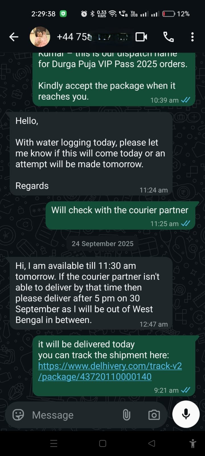 Customer WhatsApp conversation